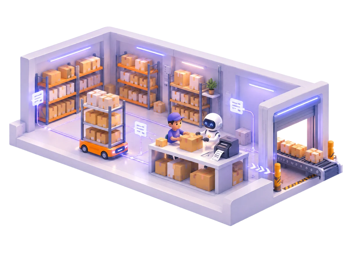 Склад: роботи пакують замовлення, помаранчевий візок везе коробки до відправки